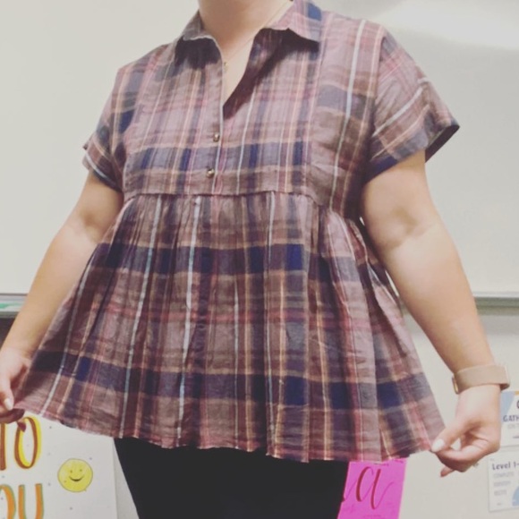 Lucky Brand 100% Cotton Plaid Babydoll Top - Picture 2 of 6